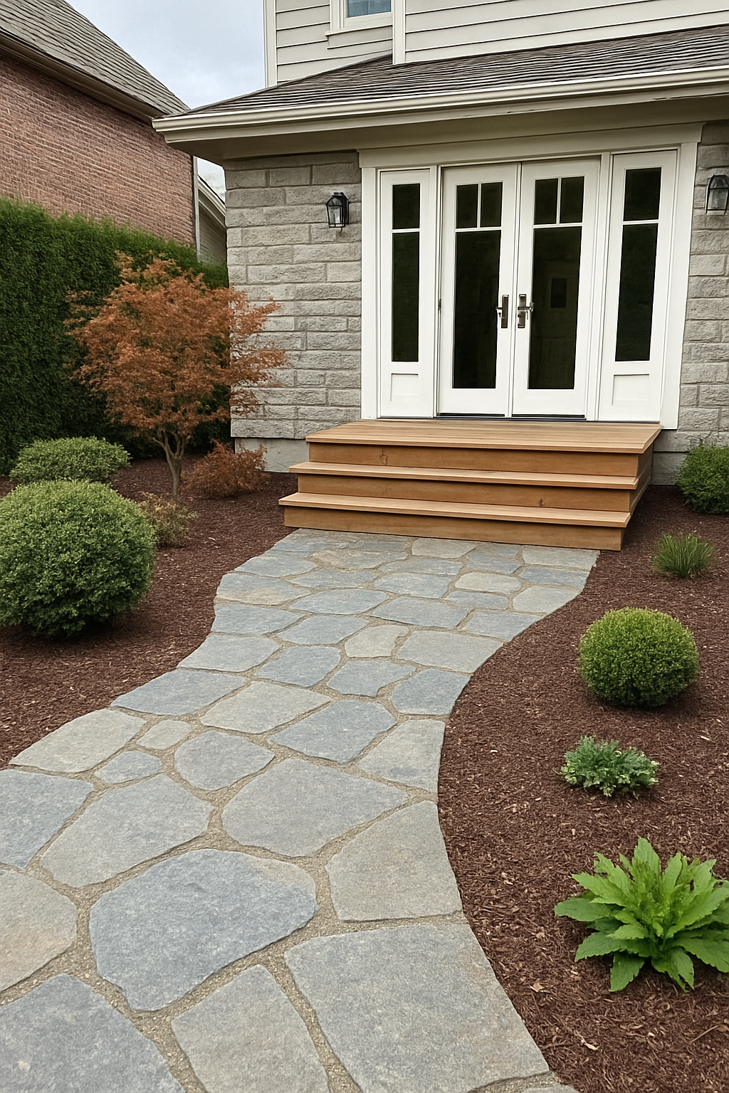 Beautiful hardscaping with stone patio and walkway